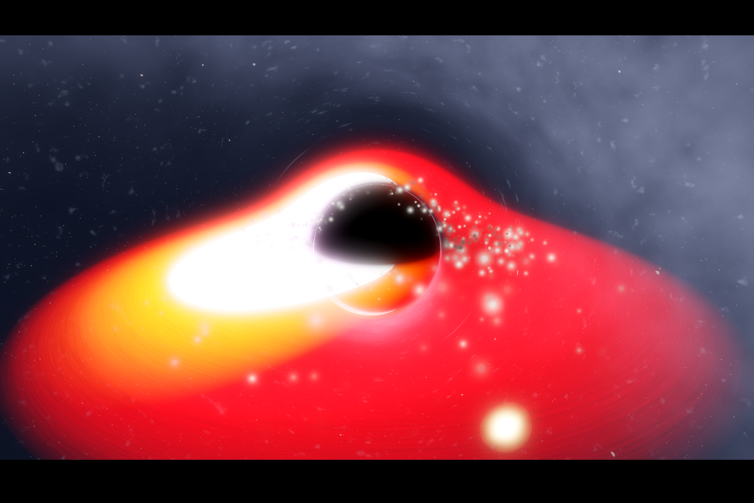 Cover: a lensed accretion disk arcing over a black hole shadow