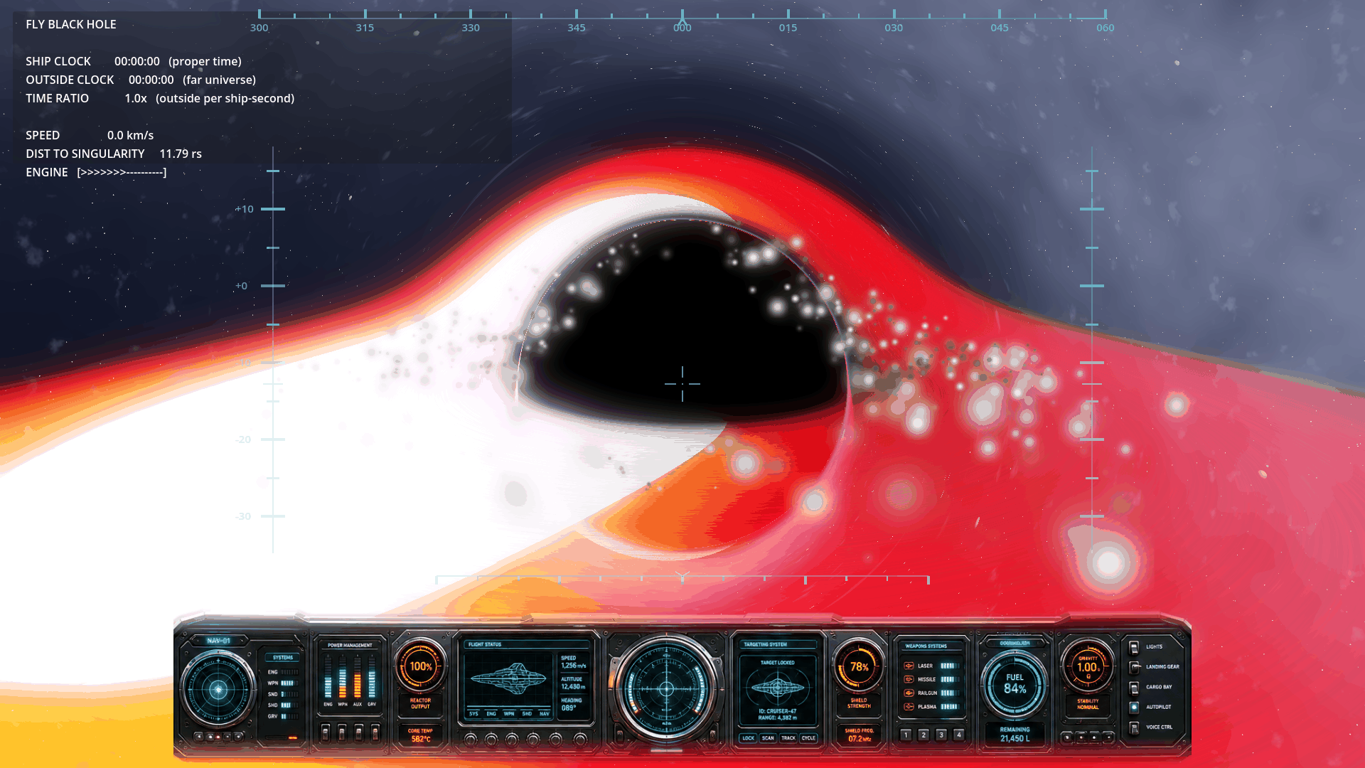 FlyBlackHole cockpit capture: lensed disk over the shadow with photon ring, flight dashboard below